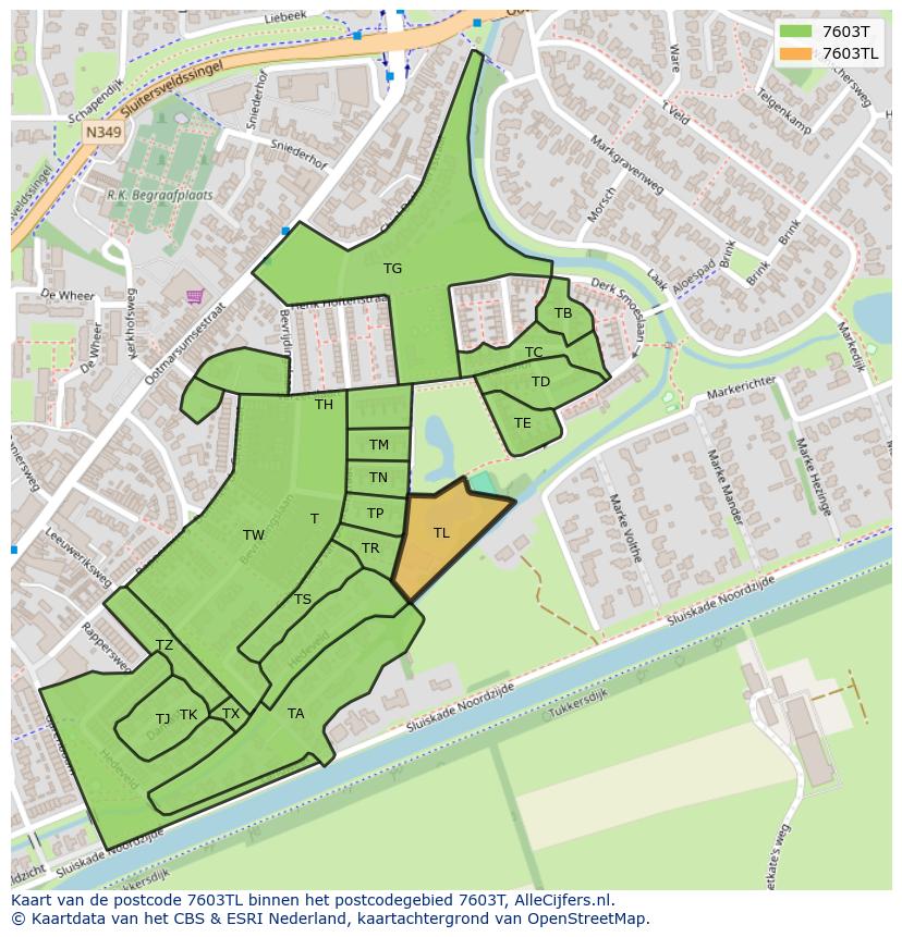 Afbeelding van het postcodegebied 7603 TL op de kaart.