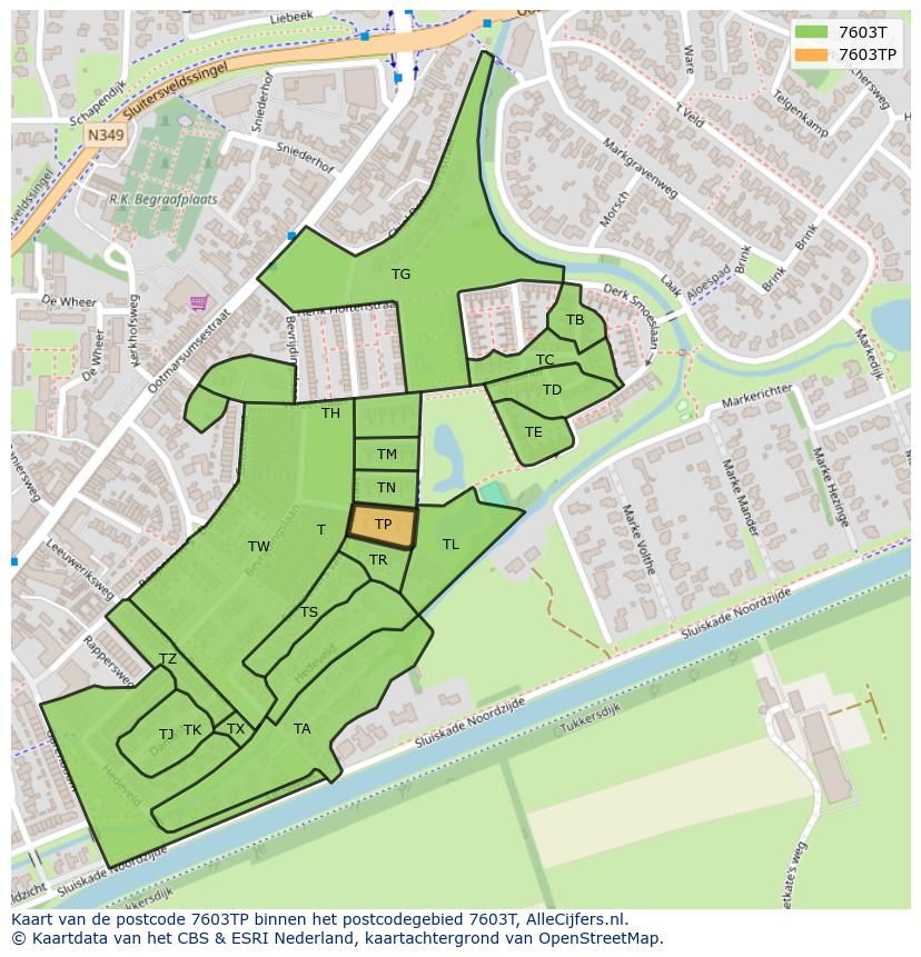 Afbeelding van het postcodegebied 7603 TP op de kaart.