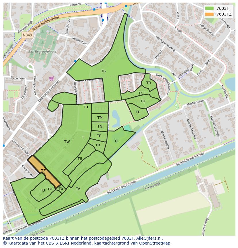 Afbeelding van het postcodegebied 7603 TZ op de kaart.