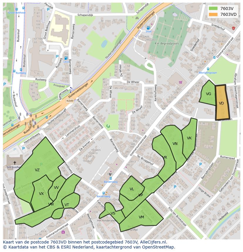 Afbeelding van het postcodegebied 7603 VD op de kaart.