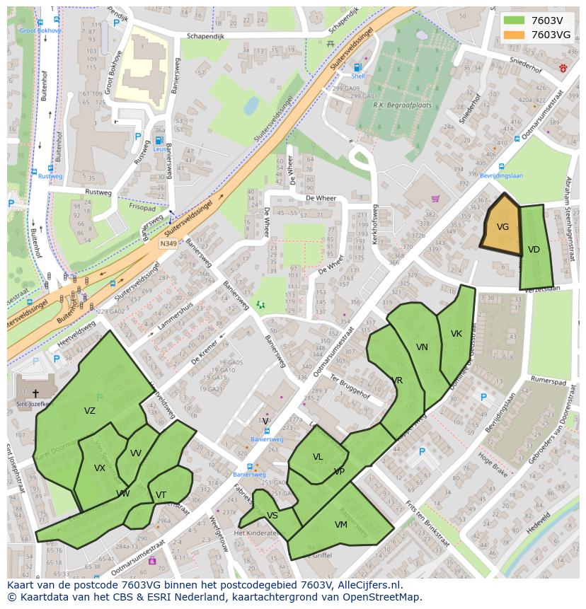 Afbeelding van het postcodegebied 7603 VG op de kaart.