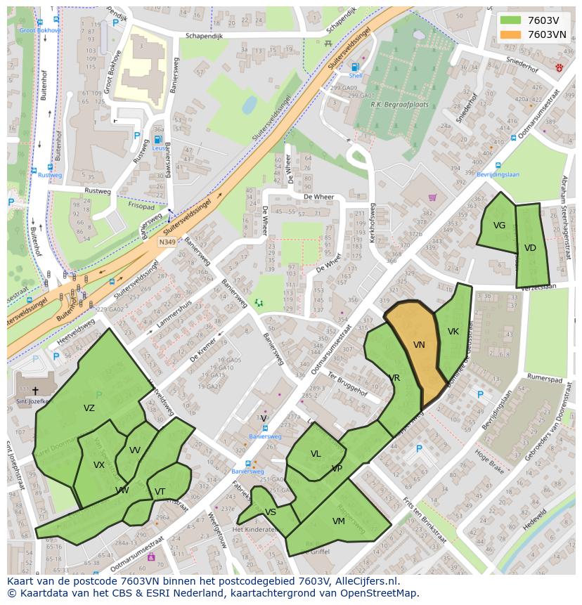 Afbeelding van het postcodegebied 7603 VN op de kaart.