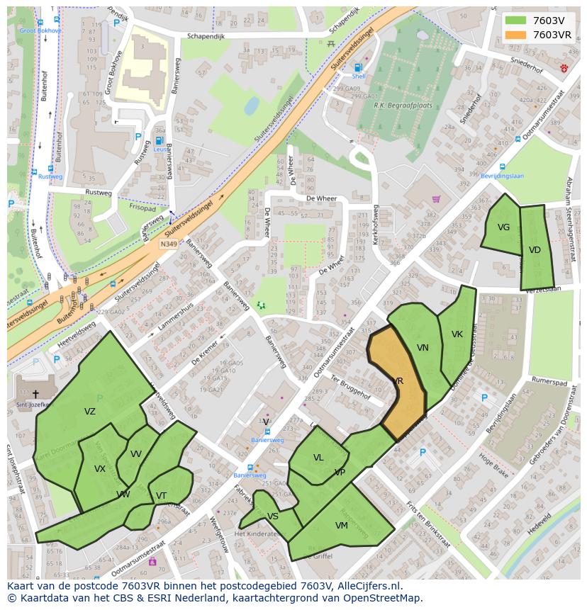 Afbeelding van het postcodegebied 7603 VR op de kaart.