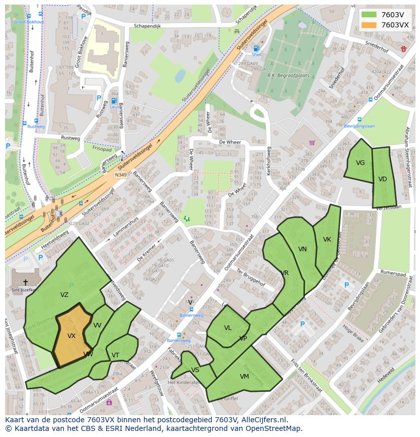 Afbeelding van het postcodegebied 7603 VX op de kaart.
