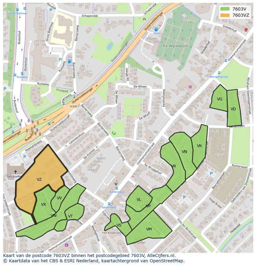 Afbeelding van het postcodegebied 7603 VZ op de kaart.