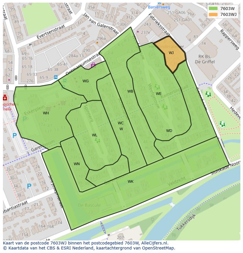 Afbeelding van het postcodegebied 7603 WJ op de kaart.