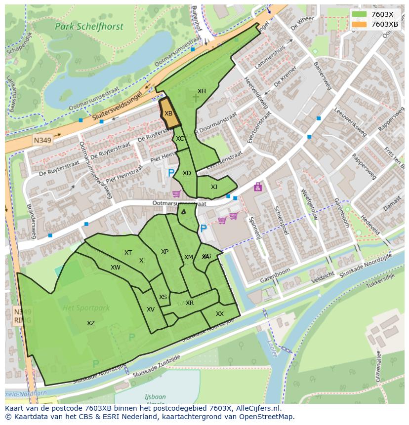Afbeelding van het postcodegebied 7603 XB op de kaart.