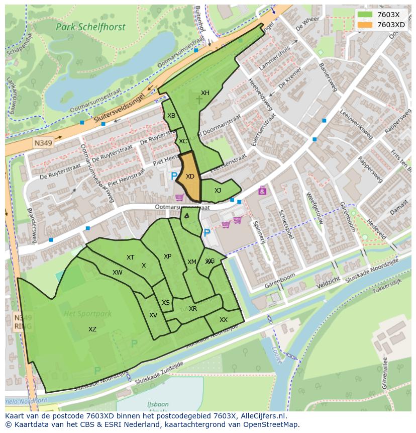 Afbeelding van het postcodegebied 7603 XD op de kaart.