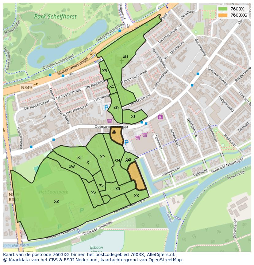 Afbeelding van het postcodegebied 7603 XG op de kaart.