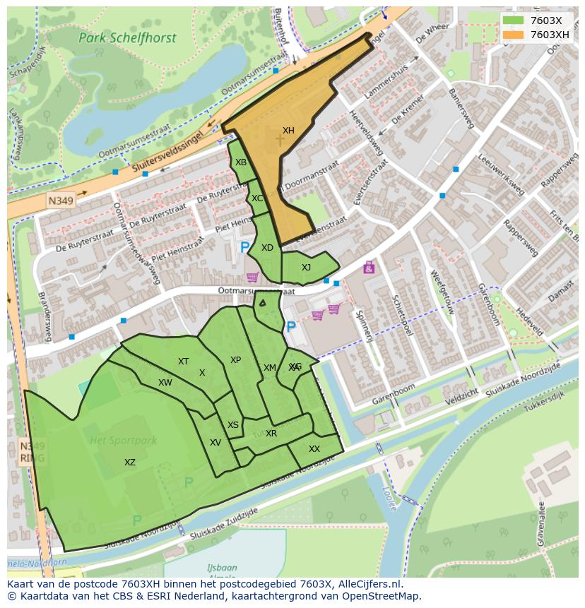 Afbeelding van het postcodegebied 7603 XH op de kaart.