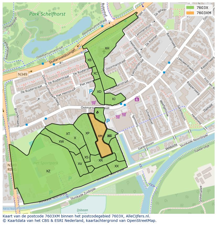 Afbeelding van het postcodegebied 7603 XM op de kaart.