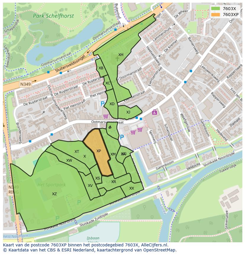 Afbeelding van het postcodegebied 7603 XP op de kaart.