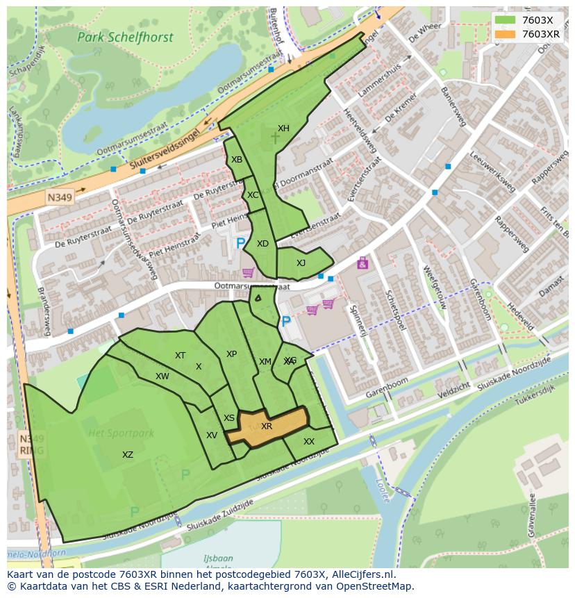 Afbeelding van het postcodegebied 7603 XR op de kaart.