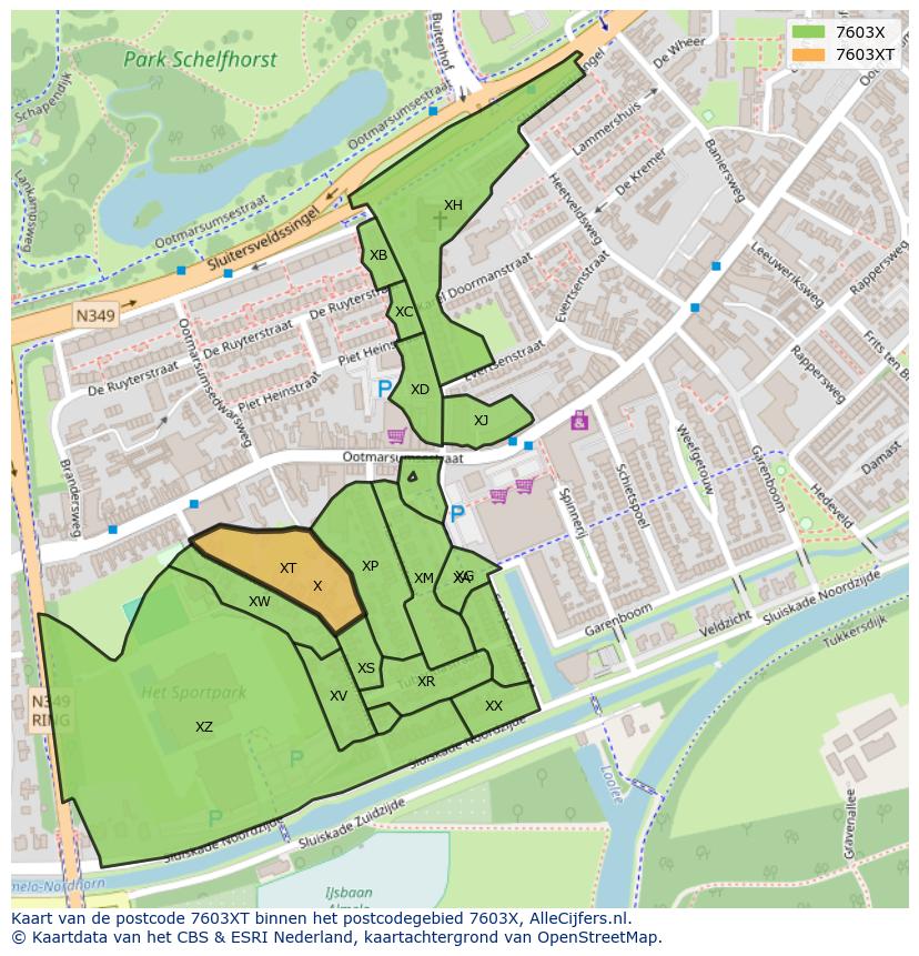 Afbeelding van het postcodegebied 7603 XT op de kaart.