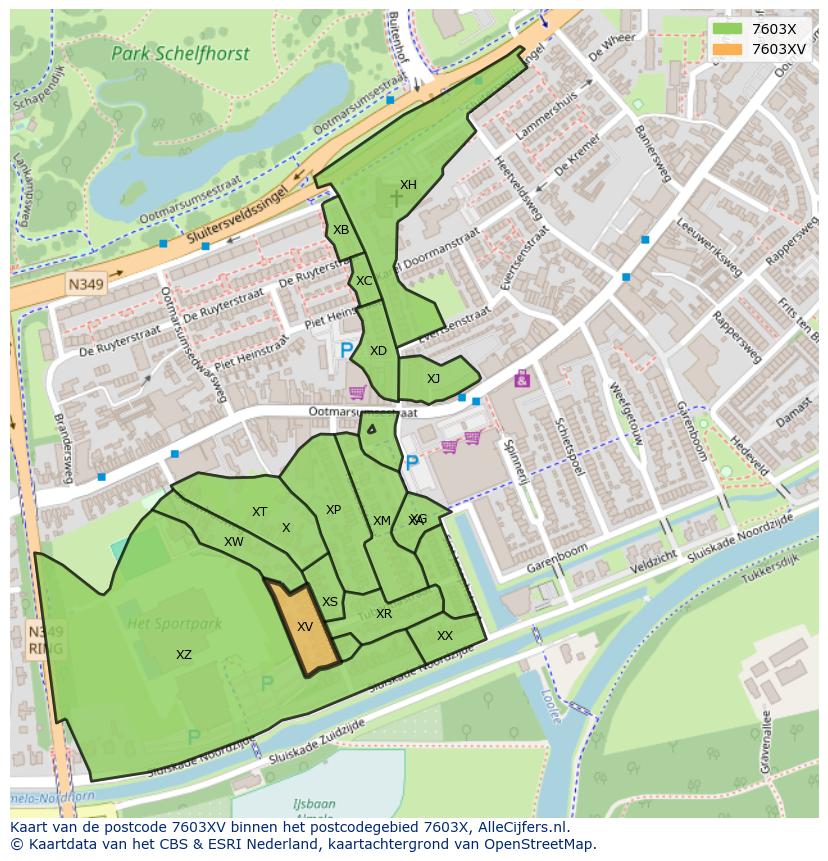 Afbeelding van het postcodegebied 7603 XV op de kaart.
