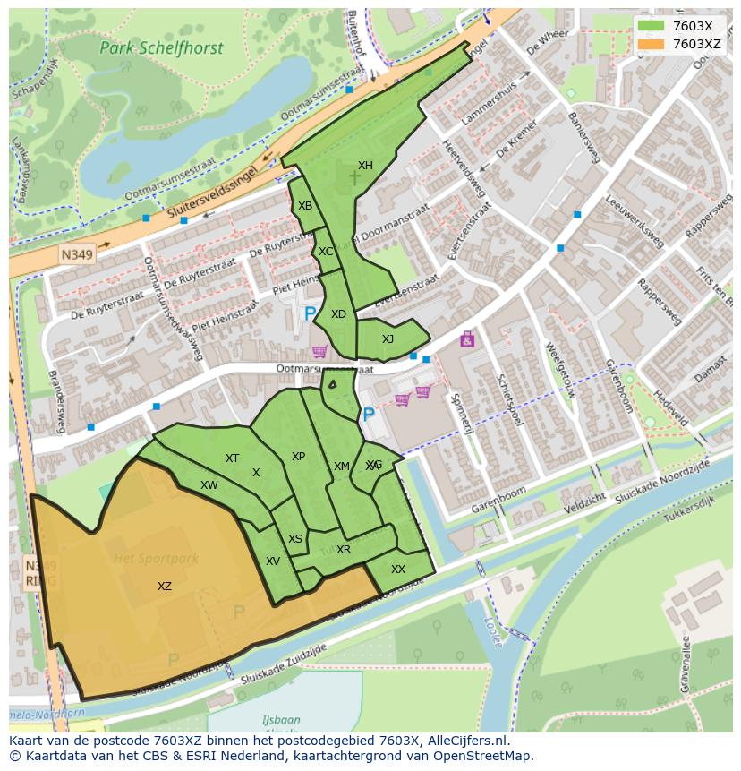 Afbeelding van het postcodegebied 7603 XZ op de kaart.
