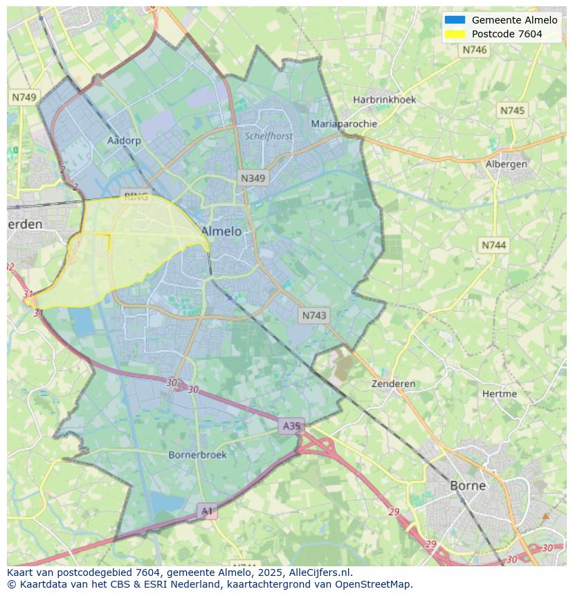 Afbeelding van het postcodegebied 7604 op de kaart.