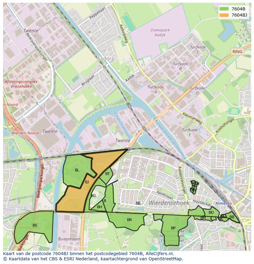 Afbeelding van het postcodegebied 7604 BJ op de kaart.