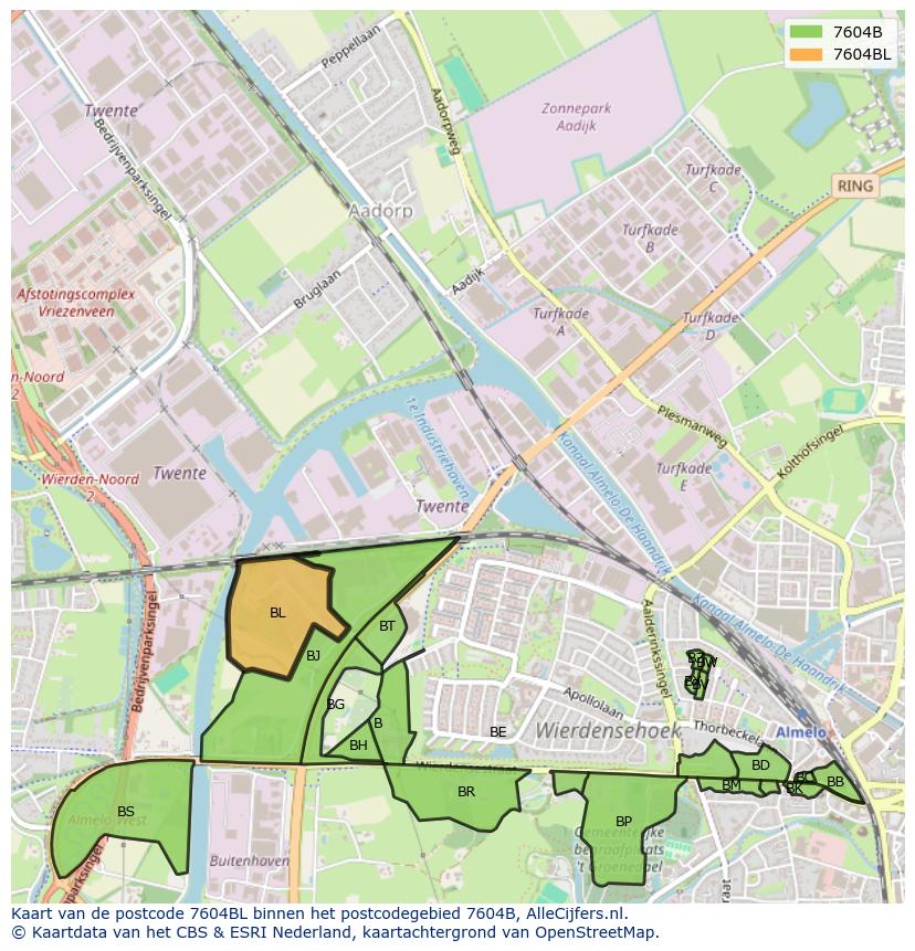 Afbeelding van het postcodegebied 7604 BL op de kaart.