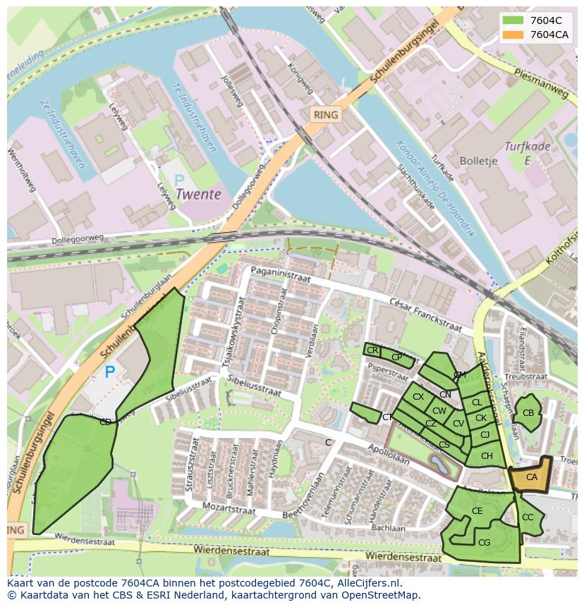 Afbeelding van het postcodegebied 7604 CA op de kaart.