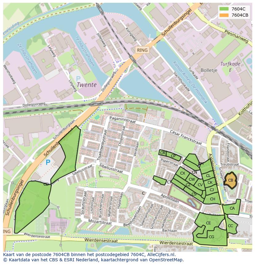 Afbeelding van het postcodegebied 7604 CB op de kaart.