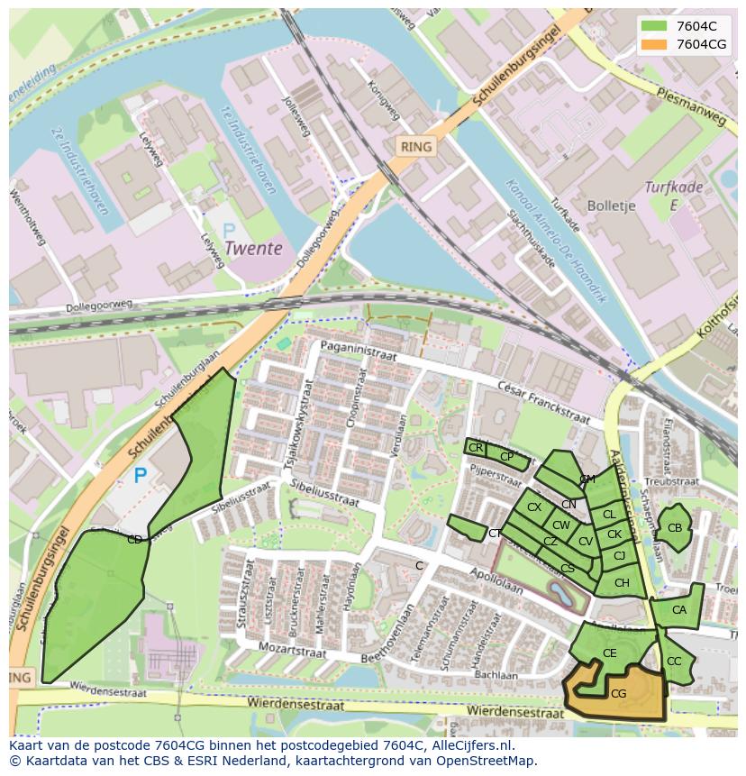 Afbeelding van het postcodegebied 7604 CG op de kaart.