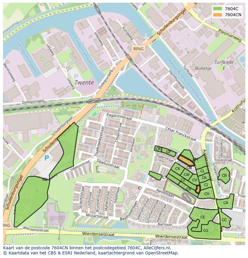 Afbeelding van het postcodegebied 7604 CN op de kaart.