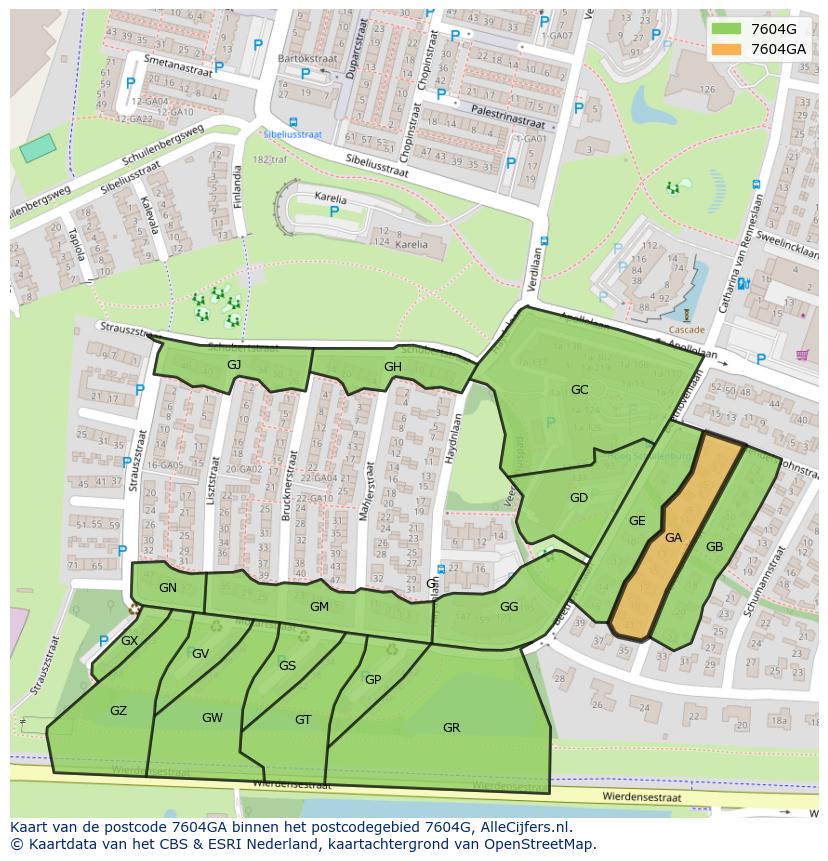 Afbeelding van het postcodegebied 7604 GA op de kaart.