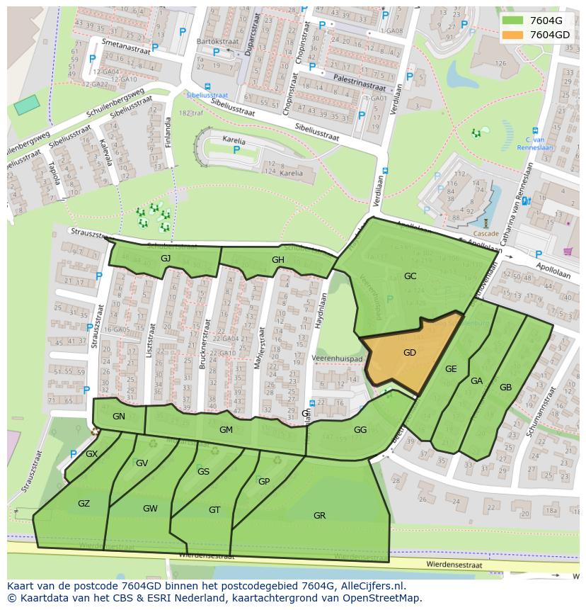 Afbeelding van het postcodegebied 7604 GD op de kaart.
