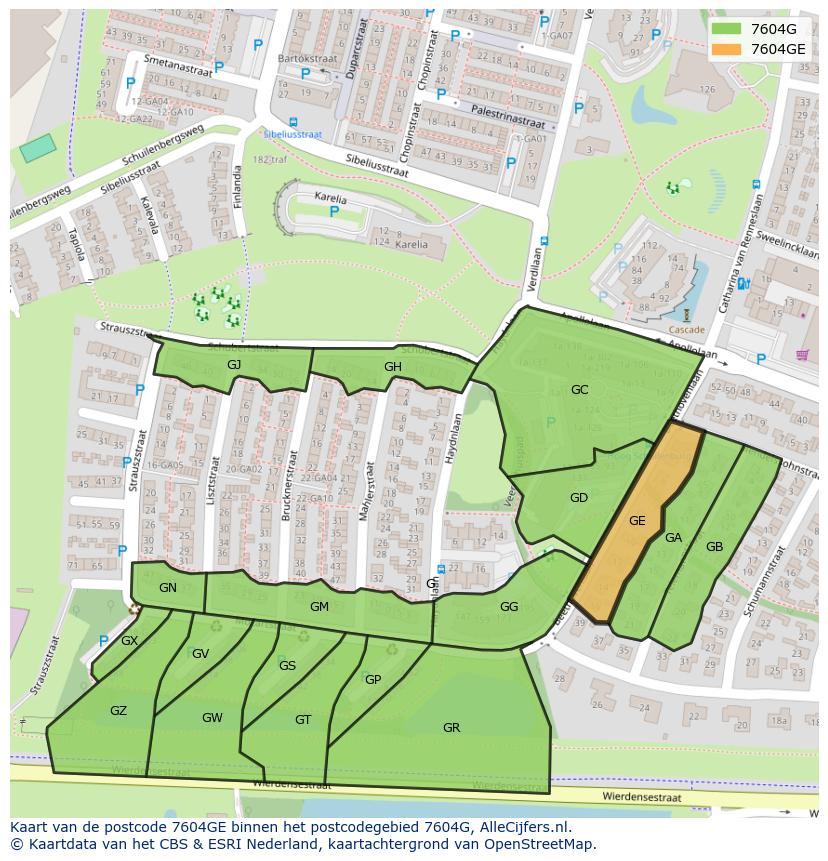 Afbeelding van het postcodegebied 7604 GE op de kaart.
