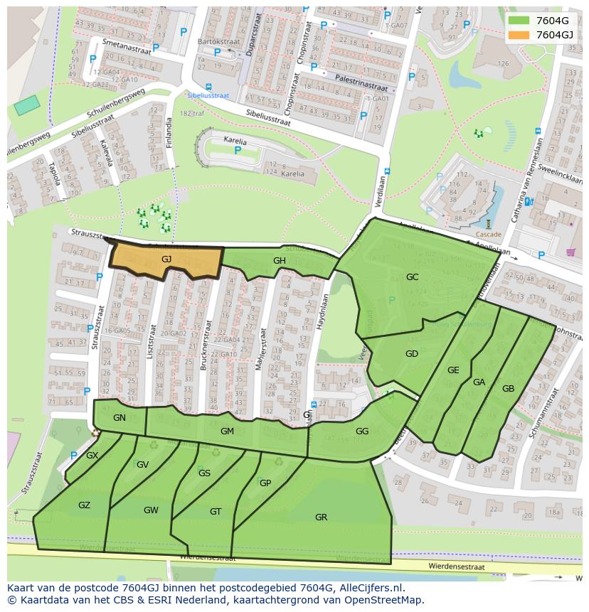 Afbeelding van het postcodegebied 7604 GJ op de kaart.