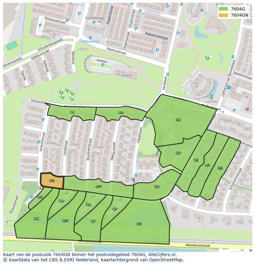 Afbeelding van het postcodegebied 7604 GN op de kaart.