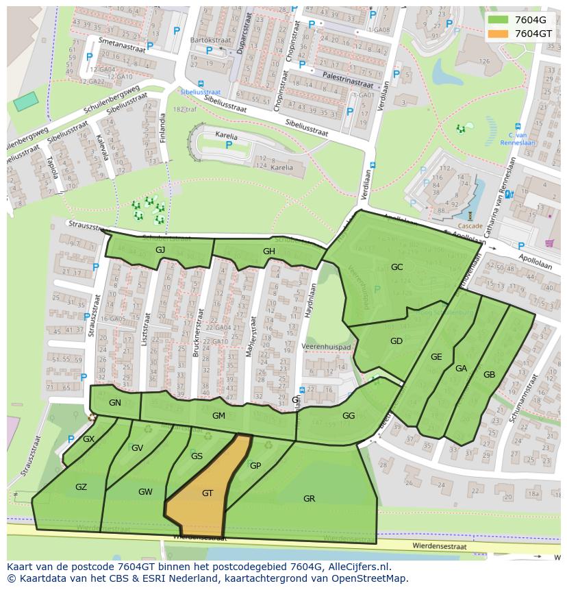 Afbeelding van het postcodegebied 7604 GT op de kaart.