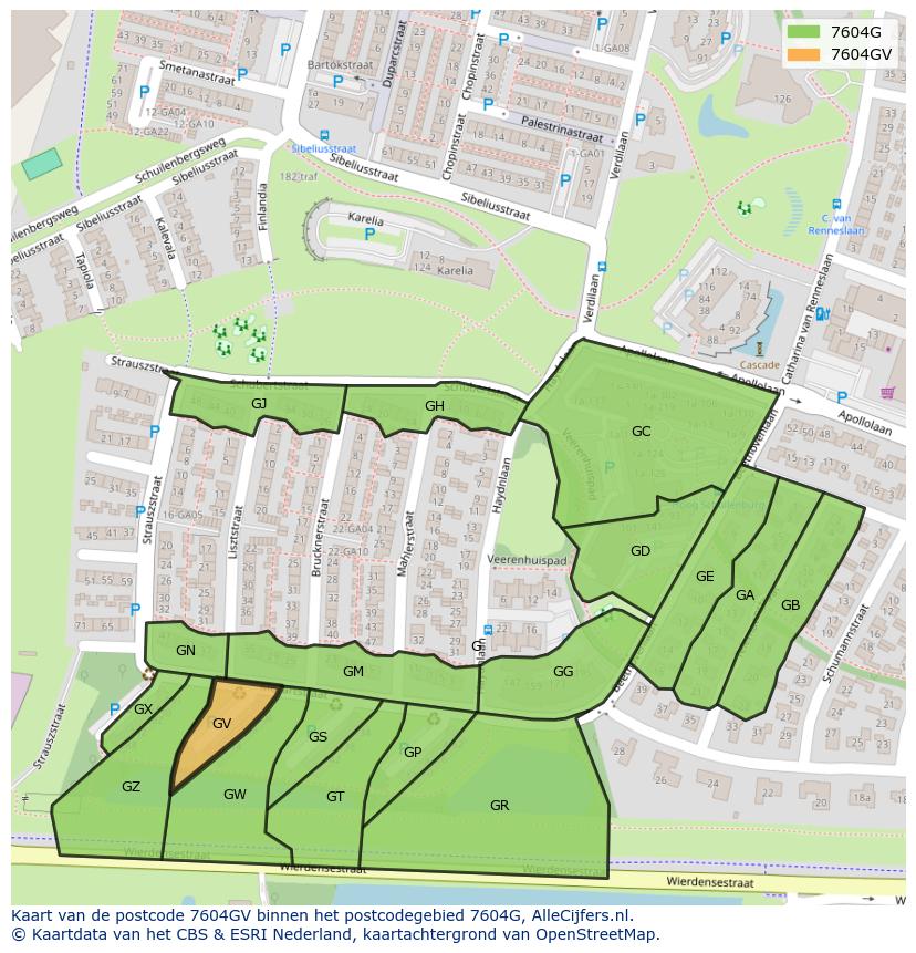 Afbeelding van het postcodegebied 7604 GV op de kaart.