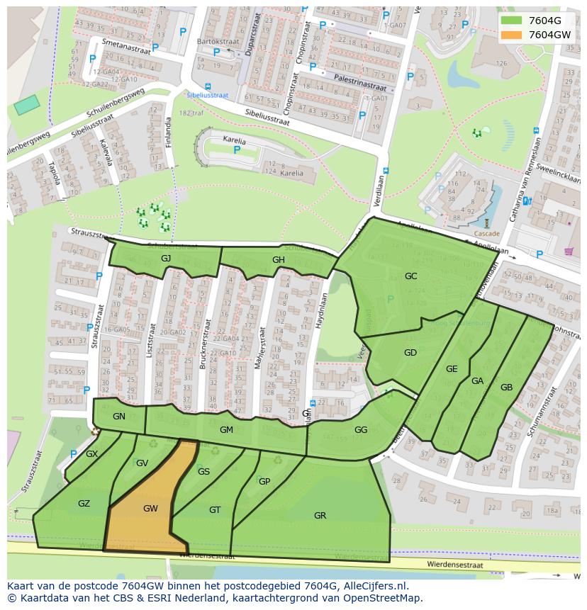 Afbeelding van het postcodegebied 7604 GW op de kaart.