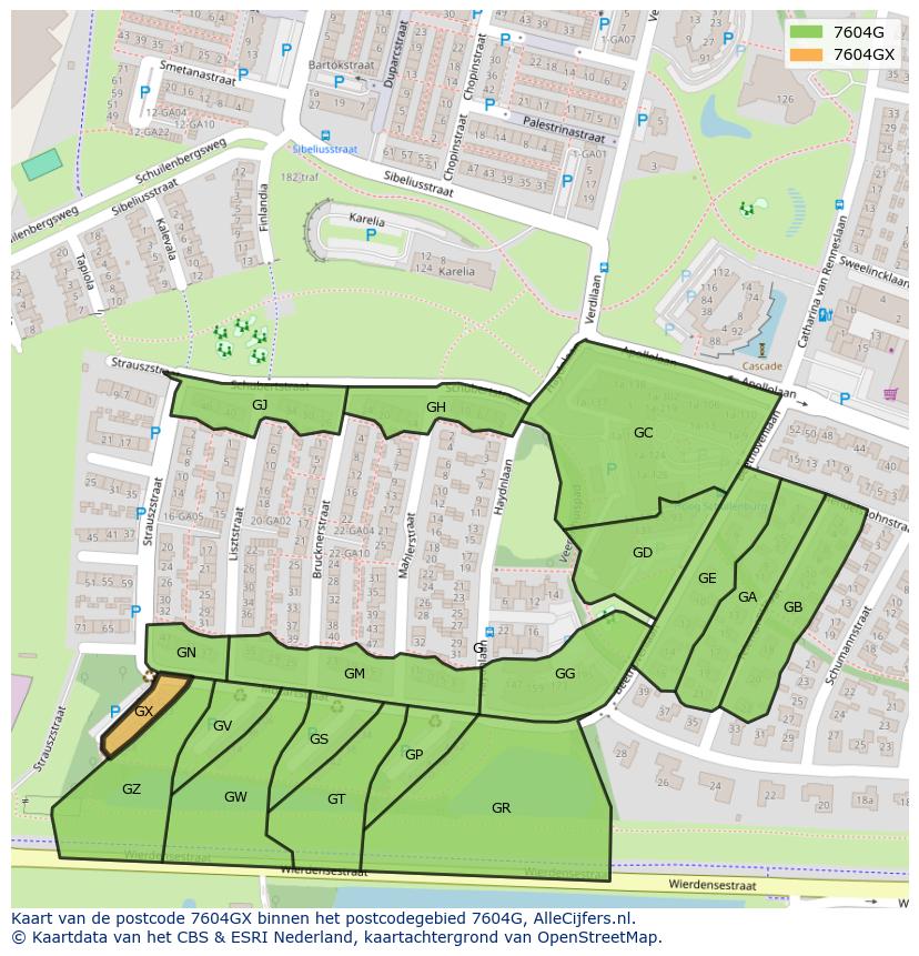 Afbeelding van het postcodegebied 7604 GX op de kaart.