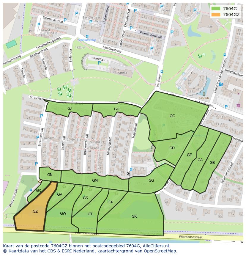 Afbeelding van het postcodegebied 7604 GZ op de kaart.