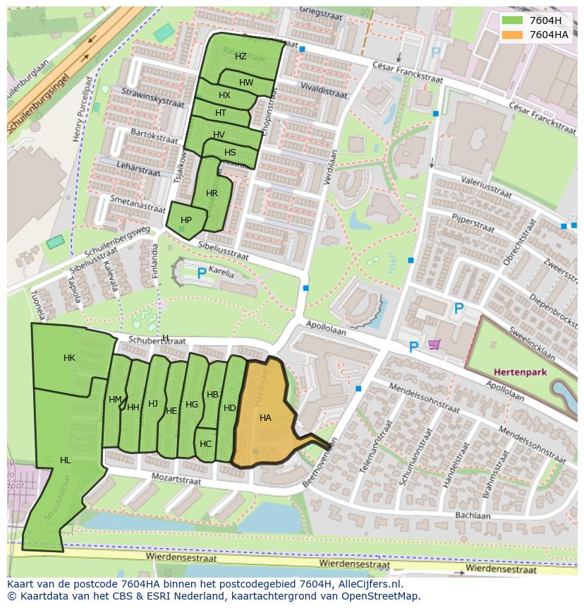 Afbeelding van het postcodegebied 7604 HA op de kaart.