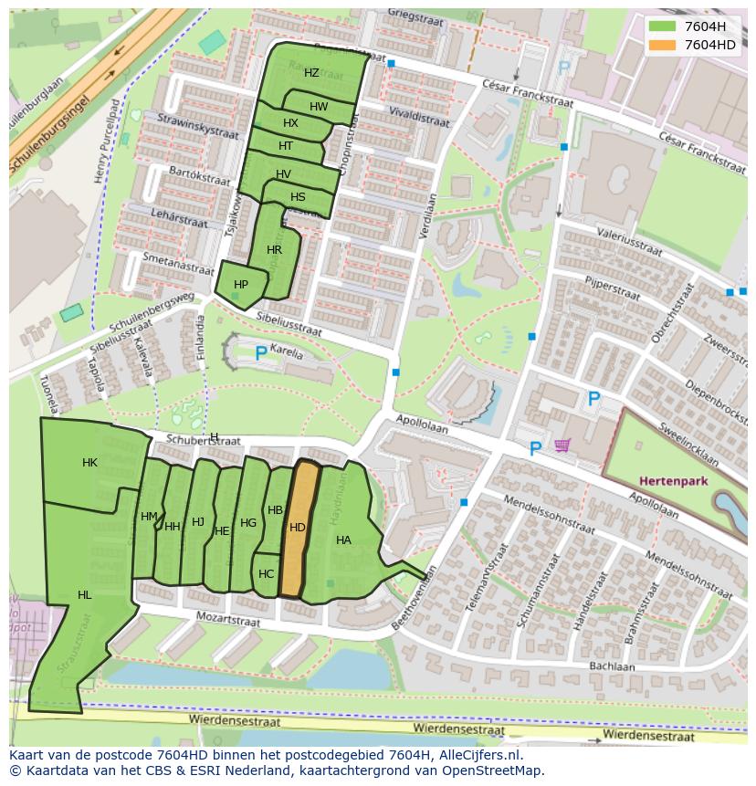 Afbeelding van het postcodegebied 7604 HD op de kaart.