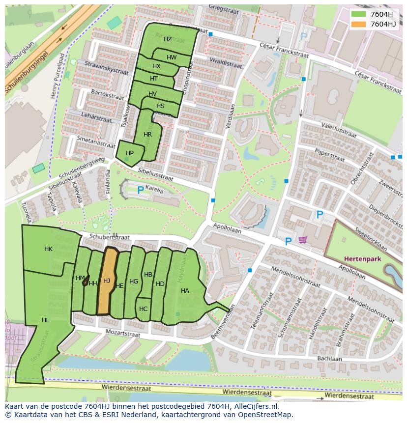 Afbeelding van het postcodegebied 7604 HJ op de kaart.