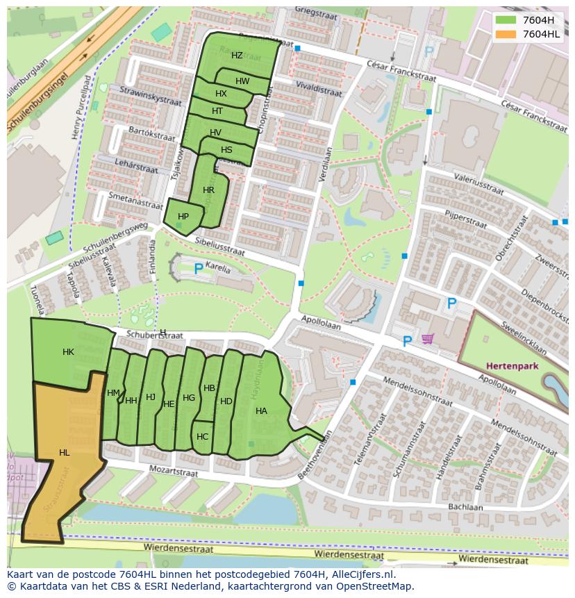 Afbeelding van het postcodegebied 7604 HL op de kaart.
