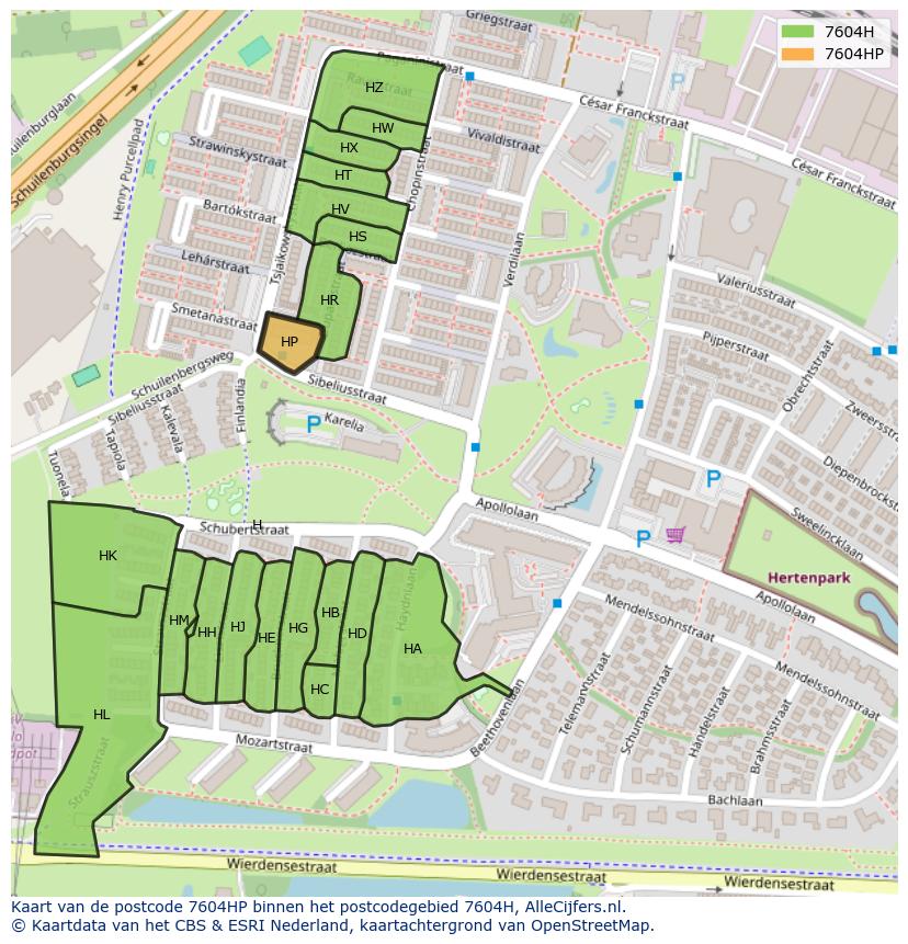 Afbeelding van het postcodegebied 7604 HP op de kaart.