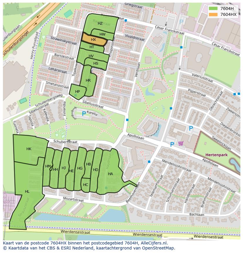 Afbeelding van het postcodegebied 7604 HX op de kaart.