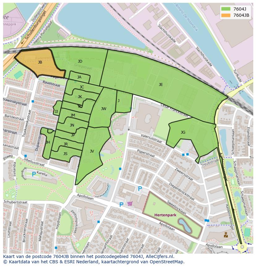 Afbeelding van het postcodegebied 7604 JB op de kaart.