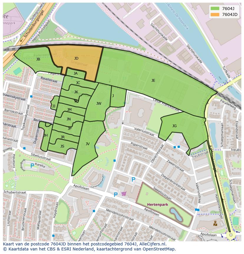 Afbeelding van het postcodegebied 7604 JD op de kaart.