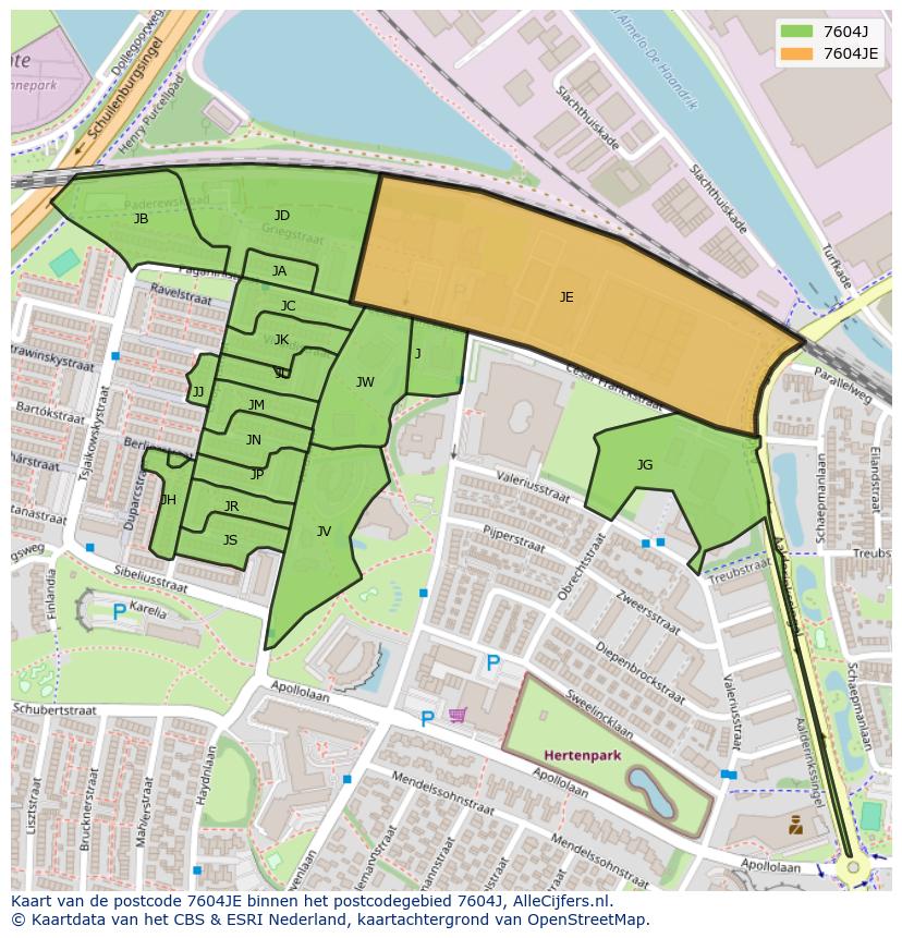 Afbeelding van het postcodegebied 7604 JE op de kaart.