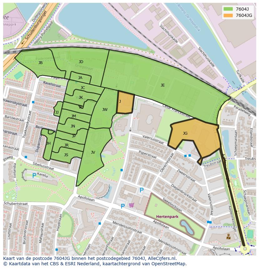 Afbeelding van het postcodegebied 7604 JG op de kaart.