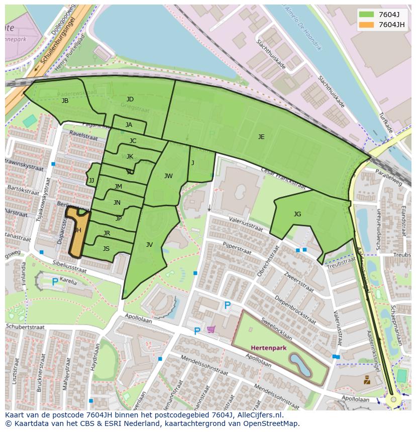 Afbeelding van het postcodegebied 7604 JH op de kaart.