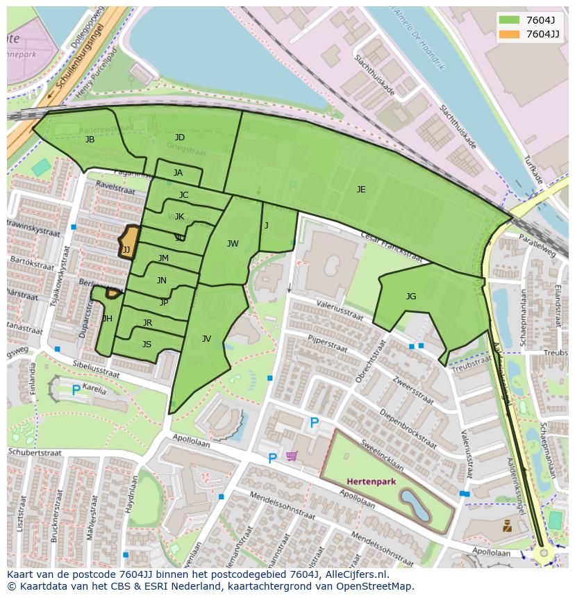 Afbeelding van het postcodegebied 7604 JJ op de kaart.