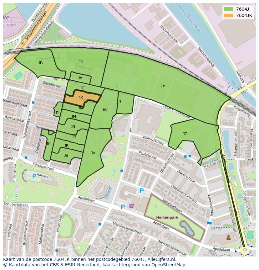 Afbeelding van het postcodegebied 7604 JK op de kaart.